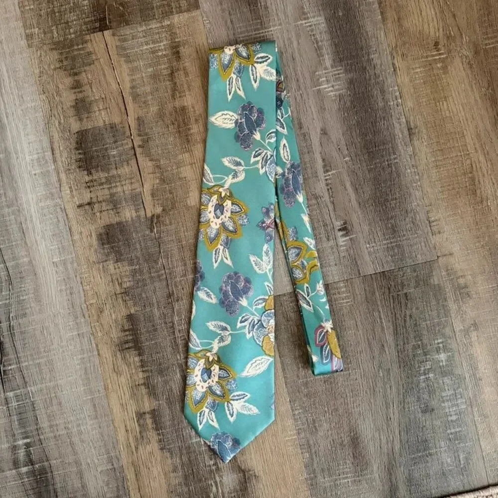 Vintage Isaco Turquoise Yellow Purple Silk Floral Necktie Made in Italy